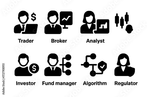 Trading Icons Grid. Solid, filled icon set of trading participants: trader, broker, analyst, market maker, investor, fund manager, algorithm, regulator.
