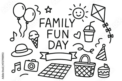 Family Fun Day Doodles. Hand-drawn doodle illustration organizing family fun day balloons, kite, sun, star, drink cup, ice cream, camera, hat, music note,