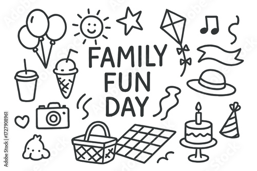 Family Fun Day Doodles. Hand-drawn doodle illustration organizing family fun day balloons, kite, sun, star, drink cup, ice cream, camera, hat, music note,