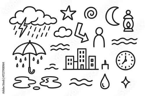 Neon Doodle Cityscape. Hand-drawn doodle illustration Neon storm clouds, lightning, rain lines, umbrella, puddles, wavy lines, cityscape, neon arrow, neon