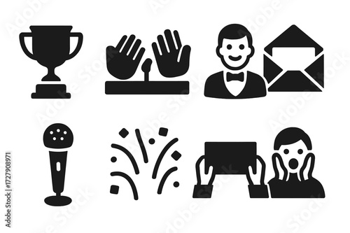 Award Ceremony Icons. Solid, filled icon set of award ceremony applause: golden trophy, stage clapping, presenter smile, envelope open, mic announcement,