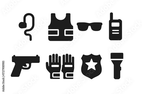 Bodyguard Equipment Icons. Solid, filled icon set of bodyguard equipment: earpiece, bulletproof vest, sunglasses, walkie-talkie, handgun, tactical gloves,