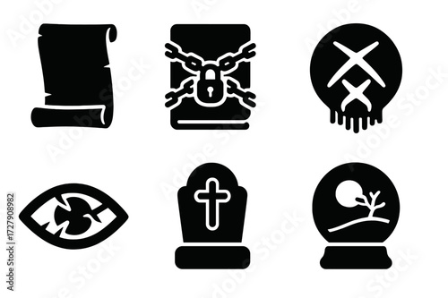 Forbidden Prophecy Icons. Solid, filled icon set of forbidden prophecy: black scroll, chained book, veiled eye, cursed mark, broken vision, sealed tomb, dark