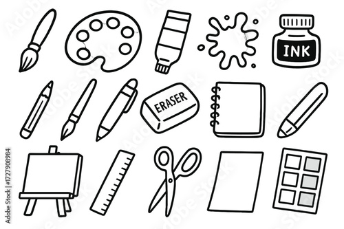 Art Tools Doodle. Hand-drawn doodle illustration [painting tools and supplies] [paintbrush, palette, paint tube, watercolor splash, ink bottle, pencil, pen,