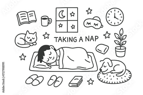 Cozy Nap Icons. Hand-drawn doodle illustration Taking a nap Floor mat, Blanket, Pillow, Cat, Dog, Book, Cup, Plant, Rug, Clock, Eye mask, Slippers, Moon,