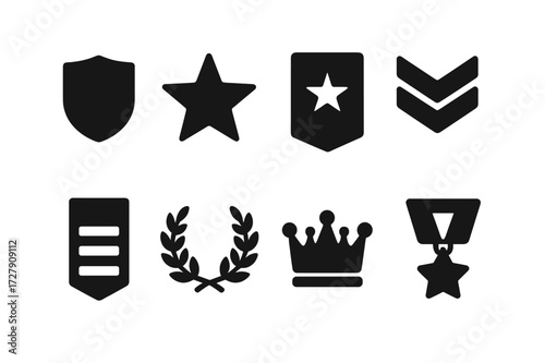 Black Rank Badges. Solid, filled icon set of rank badges: shield, star, stripes, chevrons, bars, laurel wreath, crown, medal ribbon. Solid, filled icons in