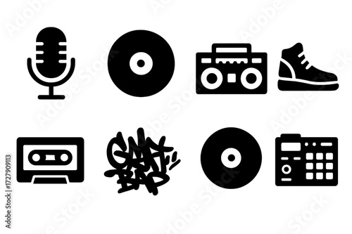 Hip Hop Icon Set. Solid, filled icon set of hip hop history: old school microphone, vinyl record, boom box, classic sneaker, cassette tape, graffiti tag, gold