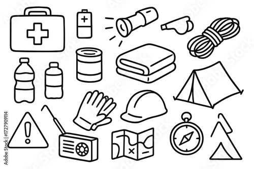Emergency Essentials Doodle. Hand-drawn doodle illustration emergency preparedness first aid kit, flashlight, battery, whistle, water bottle, canned food,