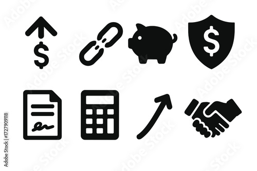 Financial Recovery Icons. Solid, filled icon set of financial recovery: rising dollar sign, broken chain, piggy bank, shield with dollar, contract signed,