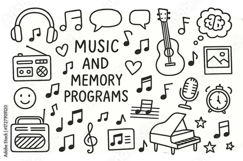 Music and Memory Doodles. Hand-drawn doodle illustration Music and Memory Programs musical notes, headphones, radios, record players, pianos, guitars, hearts,