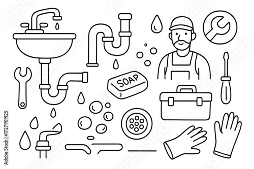 Plumbing Tools Doodle. Hand-drawn doodle illustration sink trap (P-trap) illustration sink basin, P-trap pipe, water droplet, wrench, pipe joint, plumber,
