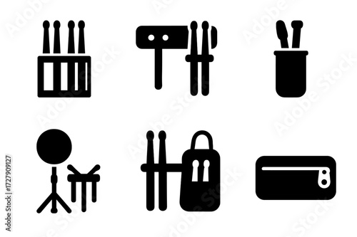 Drumstick Icon Collection. Solid, filled icon set of drumsticks storage and organization: drumstick rack, wall mount, drumstick jar, stick holder, practice pad