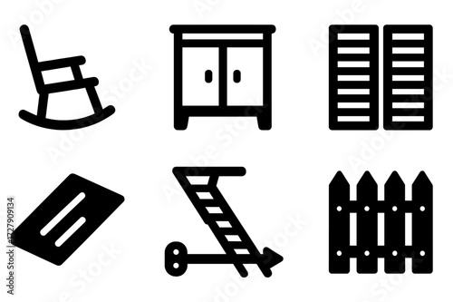 Creaking Icons Collection. Solid, filled icon set of creaking household objects: rocking chair, wooden cabinet, door hinge, window shutter, old floorboard,
