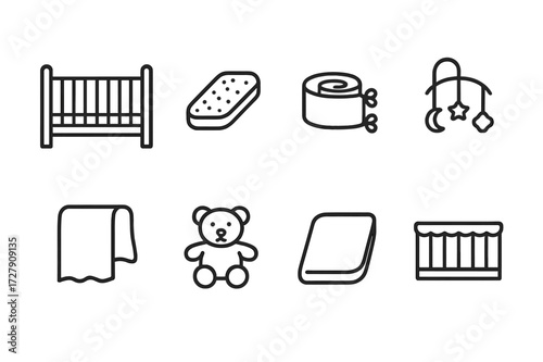 Crib Essentials Icons. Outline icon set of crib essentials: baby crib, crib mattress, crib bumper, mobile, blanket, stuffed animal, crib sheet, teething rail.