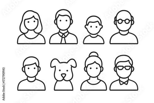 Family Icon Set. Outline icon set of family members: mother, father, child, grandparent, sibling, pet, aunt, uncle. Line icons in only black color, consistent