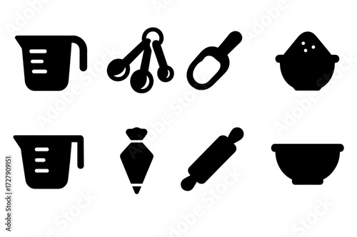 Baking Tools Icons. Solid, filled icon set of baking measurement items: measuring cup, measuring spoons, flour scoop, sugar cup, liquid measuring cup, pastry