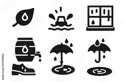 Rain Symbols Collection. Solid, filled icon set of rain effects: wet leaf, water splash, flooded street, dripping window, rainwater barrel, soaked shoe, wet