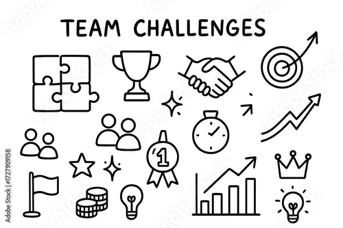 Teamwork Success Icons. Hand-drawn doodle illustration Team challenges puzzle pieces, handshake, trophy, stopwatch, target, arrow upward, people icons, star,