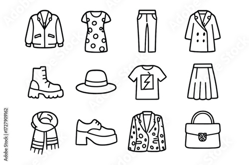 Iconic Fashion Icons. Iconic fashion pieces. Line icon set of iconic fashion pieces: oversized jacket, patterned dress, leather pants, statement coat, chunky
