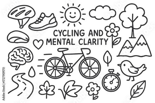 Cycling Mindfulness Symbols. Hand-drawn doodle illustration cycling and mental clarity bicycle, helmet, running shoe, sun, cloud, tree, flower, mountain,