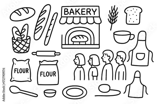 Bakery Doodle Icons. Hand-drawn doodle illustration Bakery and bread supply [loaf of bread, baguette, slice of bread, wheat stalk, oven, bakery sign, basket,