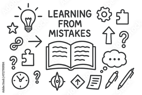 Learning from Mistakes. Hand-drawn doodle illustration Learning from mistakes open book, light bulb, gear, star, puzzle piece, arrow, clock, question mark,
