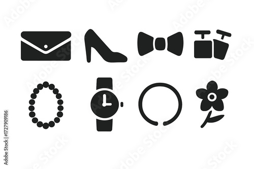 Gala Accessories Icons. Solid, filled icon set of gala accessories: clutch bag, high heels, bow tie, cufflinks, pearl necklace, wristwatch, bracelet, brooch.