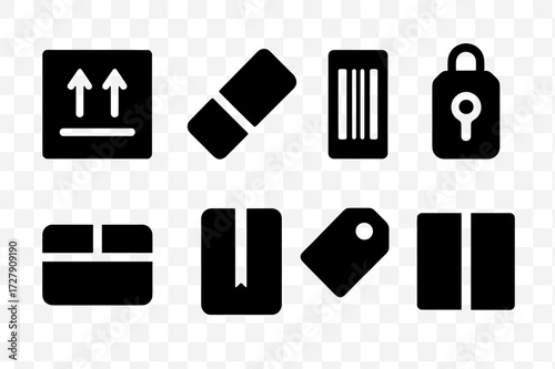 Parcel Icon Set. Solid, filled icon set of parcel banderol: shipping label, adhesive band, barcode sticker, security tag, wrapped strip, package seal, product