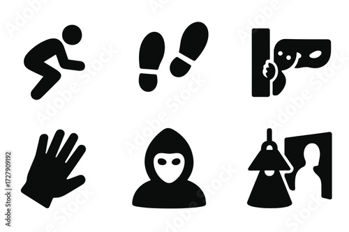 Stealth Icon Set. Solid, filled icon set of stealth and shadows: crouching thief, sneaking footsteps, hiding spot, shadow mask, gloved hand, night hood, dim
