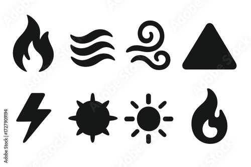 Mystical Element Icons. Solid, filled icon set of mystical elements: fire, water, air, earth, lightning, shadow, light, spirit flame. Solid, filled icons in