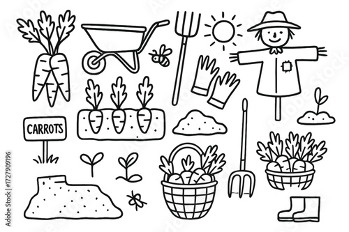 Garden Harvest Icons. Hand-drawn doodle illustration Carrot harvest [carrot bunch, wheelbarrow, rake, root vegetables, garden bed, dirt mound, pitchfork,