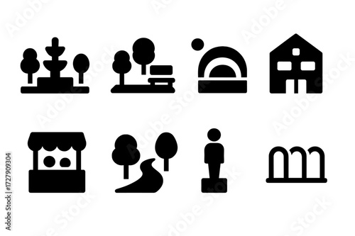 Urban Space Icons. Solid, filled icon set of urban public spaces: plaza, park, amphitheater, community center, outdoor market, walking path, sculpture, bike