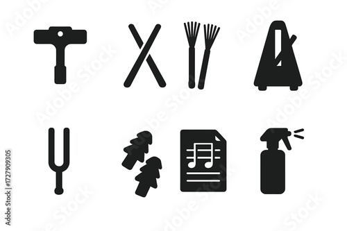 Music Accessories Icons. Solid, filled icon set of stick bag accessories: drum key, drumsticks, brushes, metronome, tuning fork, earplugs, sheet music,