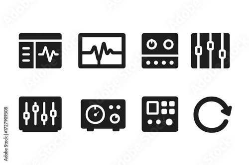 Audio Editing Icons. Solid, filled icon set of waveform editing software: DAW, audio editor, plugin, mixer, equalizer, compressor, sampler, loop tool. Solid,