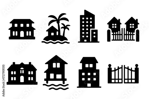 Tax Haven Icons. Solid, filled icon set of tax haven real estate: luxury villa, private island, skyscraper, gated community, mansion, beach house, penthouse,