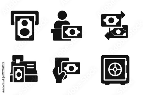 Banking Icons Grid. Solid, filled icon set of banknote circulation: ATM, bank teller, cash register, money transfer, deposit slip, withdrawal, currency