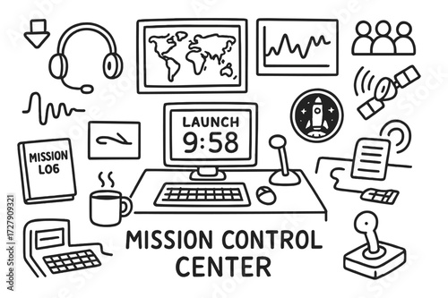 Mission Control Doodles. Hand-drawn doodle illustration [Mission control center] [control desk, computer, screens, headset, launch countdown, communication