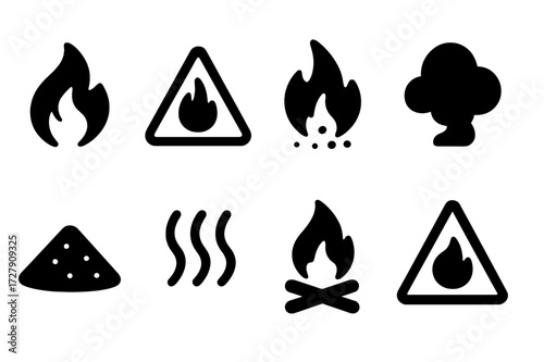 Ember Symbol Icons. Solid, filled icon set of ember symbols: fire icon, warning flame, glowing ember, smoke cloud, ash pile, heat wave, campfire,