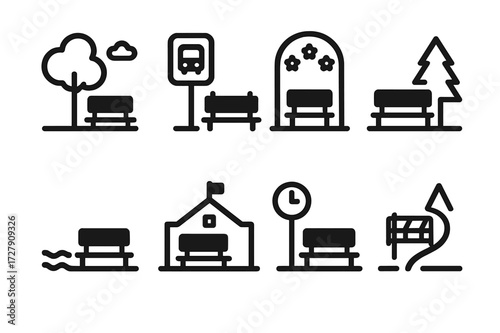 Bench Location Icons. Solid, filled icon set of bench locations: city park, bus stop, garden, waterfront, schoolyard, train station, sports field, hiking