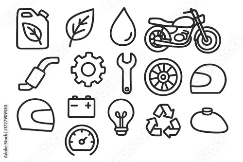 Eco-Friendly Motorcycle Icons. Hand-drawn doodle illustration Sustainable fuel motorcycle mods [fuel can, eco leaf, droplet, motorcycle, exhaust pipe, gear,