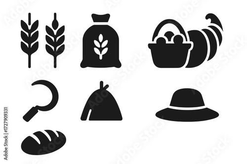 Black Harvest Icons. Solid, filled icon set of bread and harvest symbols: wheat stalks, grain sack, harvest basket, cornucopia, sickle, haystack, bread loaf,