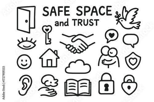 Symbols of Safe Space. Hand-drawn doodle illustration Safe space and trust [open door, heart key, handshake, closed eye, hug symbol, smiley face, home icon,