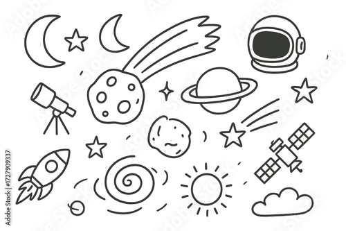 Galactic Doodle Icons. Hand-drawn doodle illustration Comet in space comet with tail, star, moon, planet, telescope, astronaut helmet, rocket, satellite,