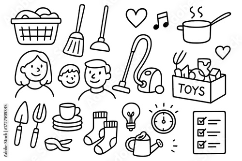 Family Chores and Fun. Hand-drawn doodle illustration [family weekend chores and fun] [laundry basket, broom, vacuum, cooking pot, heart, music note, garden