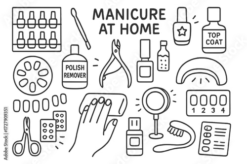 Home Manicure Essentials. Hand-drawn doodle illustration [Nail art and manicure session at home] [nail polish rack, cuticle pusher, nail clippers, glitter