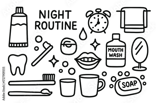 Night Dental Routine. Hand-drawn doodle illustration Night routine toothpaste tube, toothbrush, floss, mouthwash, tooth, lips, smile, bubbles, water droplet,