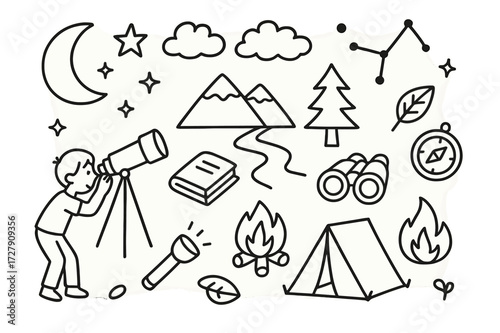 Stargazing Doodle Icons. Hand-drawn doodle illustration stargazing in nature telescope, star, moon, mountain, tree, river, tent, flashlight,