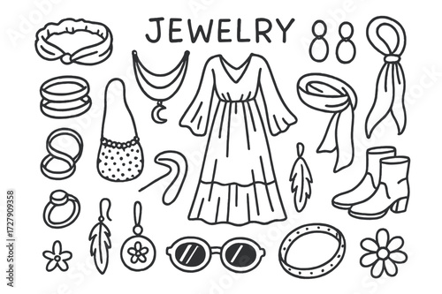Bohemian Jewelry Icons. Hand-drawn doodle illustration Jewelry with bohemian outfits [flowy dress, layered necklaces, hoop earrings, ankle boots, bangles,