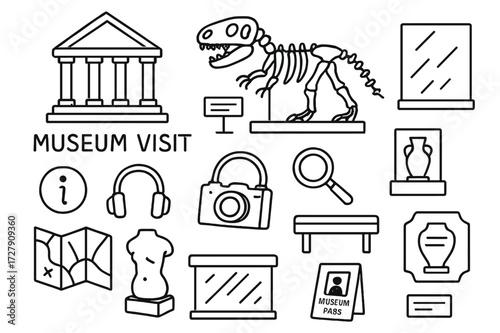 Museum Visit Icons. Hand-drawn doodle illustration Museum visit museum building, dinosaur skeleton, exhibit plaque, display case, artifact, map, info icon,