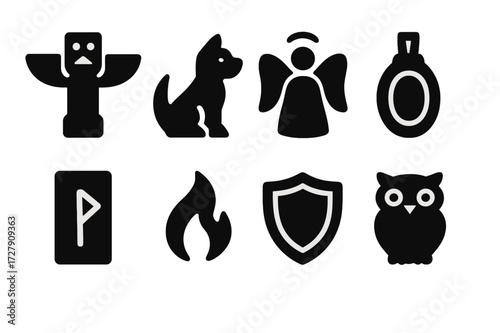 Guardian Spirits Icons. Solid, filled icon set of guardian spirits: totem, spirit animal, guardian angel, magic amulet, protective rune, sacred flame, shield